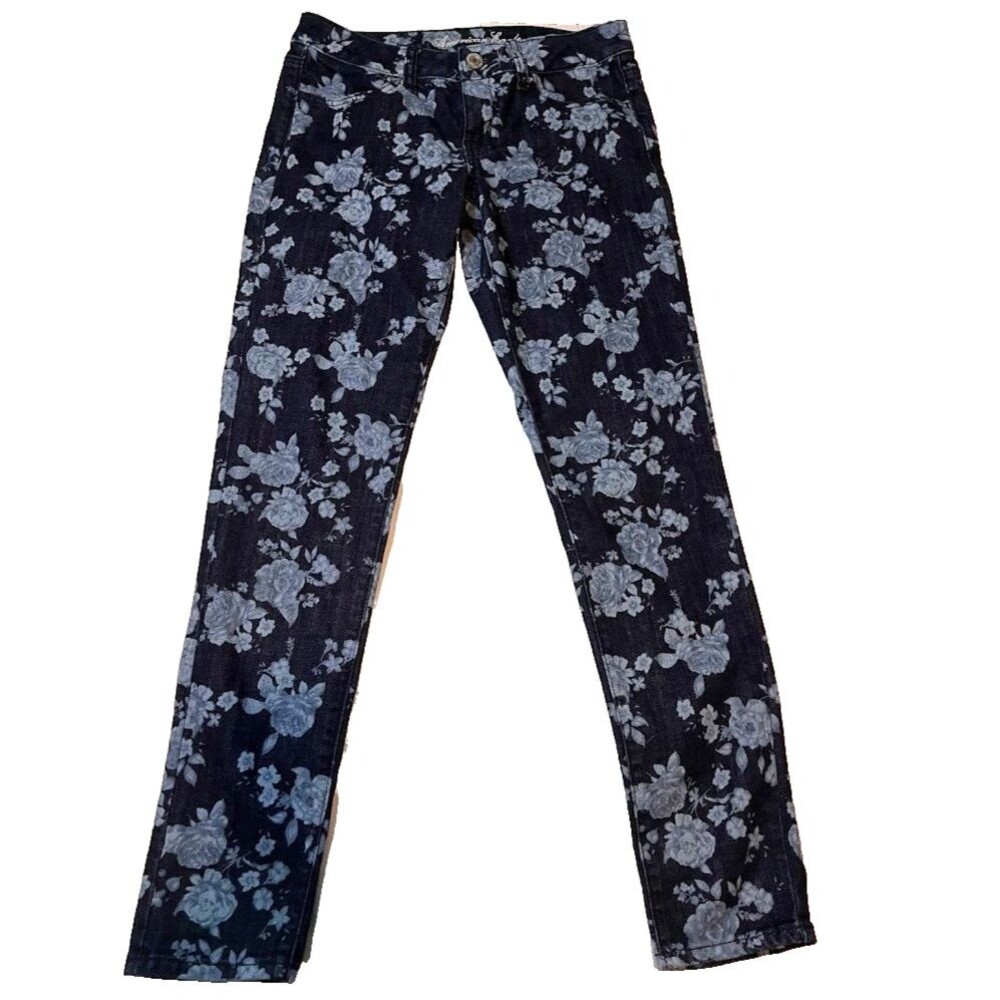 American Eagle Jeans 4 Floral Blue Denim Jeggings Cottagecore Boho Chic Casual